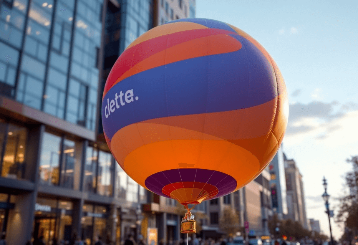 Ballon publicitaire brandé au-dessus d’une place urbaine